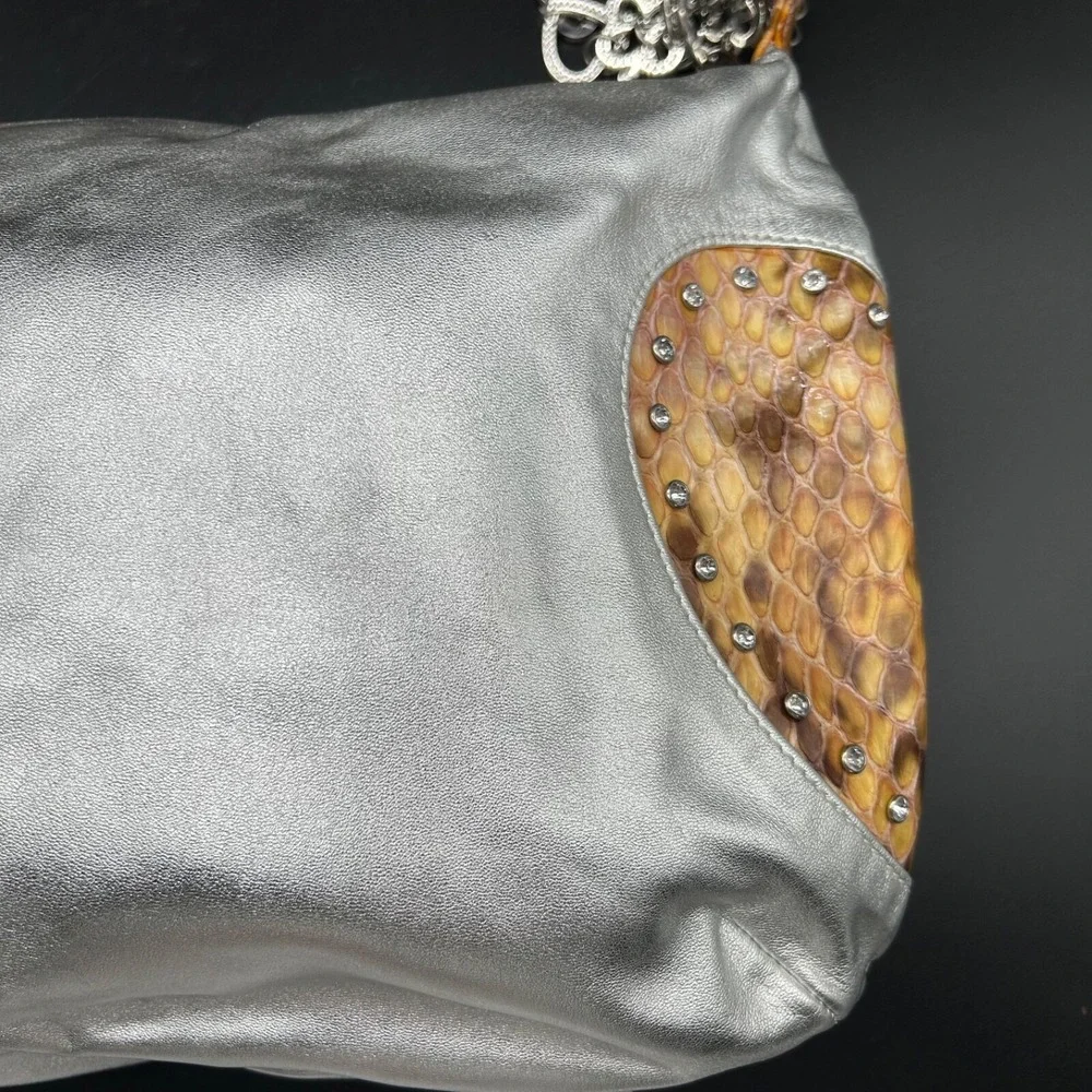 Charm And Luck Silver Leather Handbag Reptile Accent Rhinestone Hobo Rare Unique